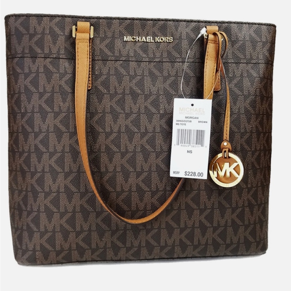 Michael Kors Morgan Signature Medium Brown Tote Bag Handbag. 14” 11” 5”